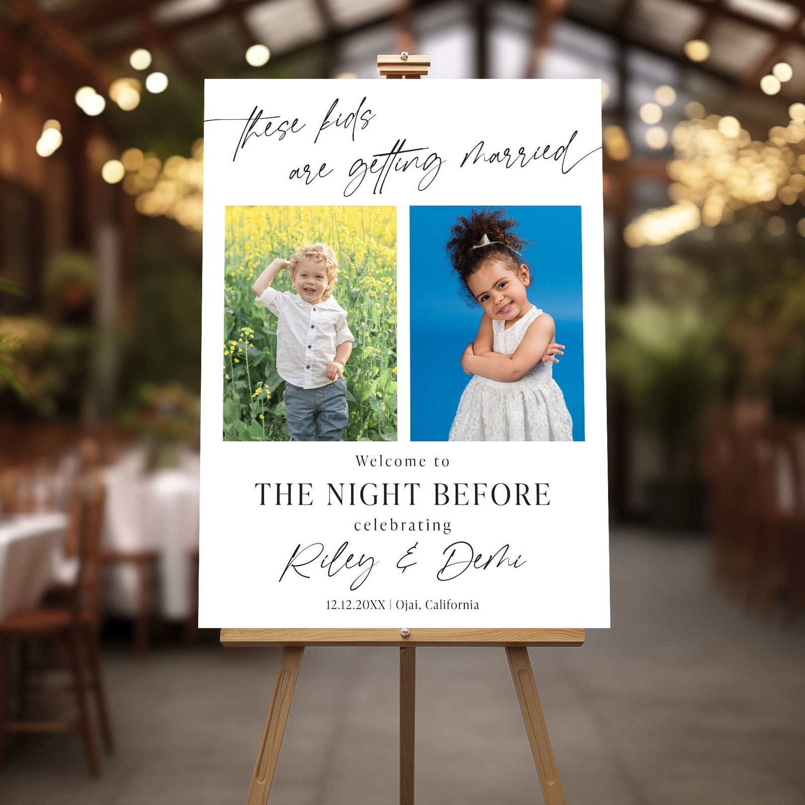 Wedding reception sign with children's photos on an easel in a decorated indoor setting.
