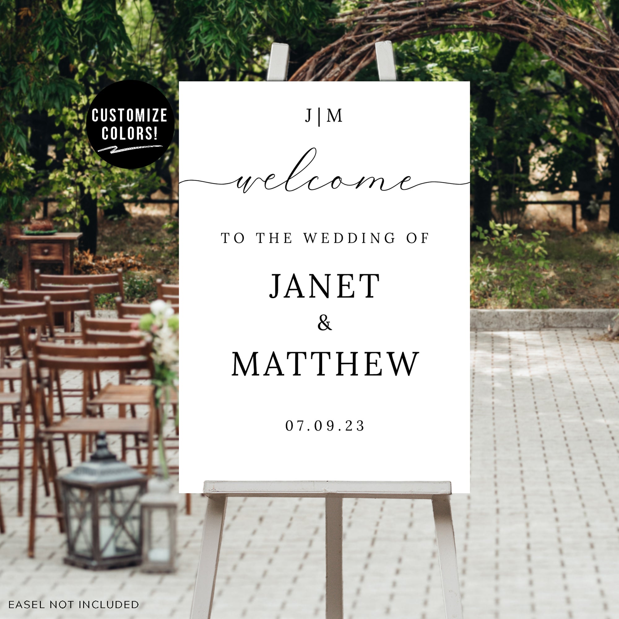 a welcome sign for a wedding with chairs in the background