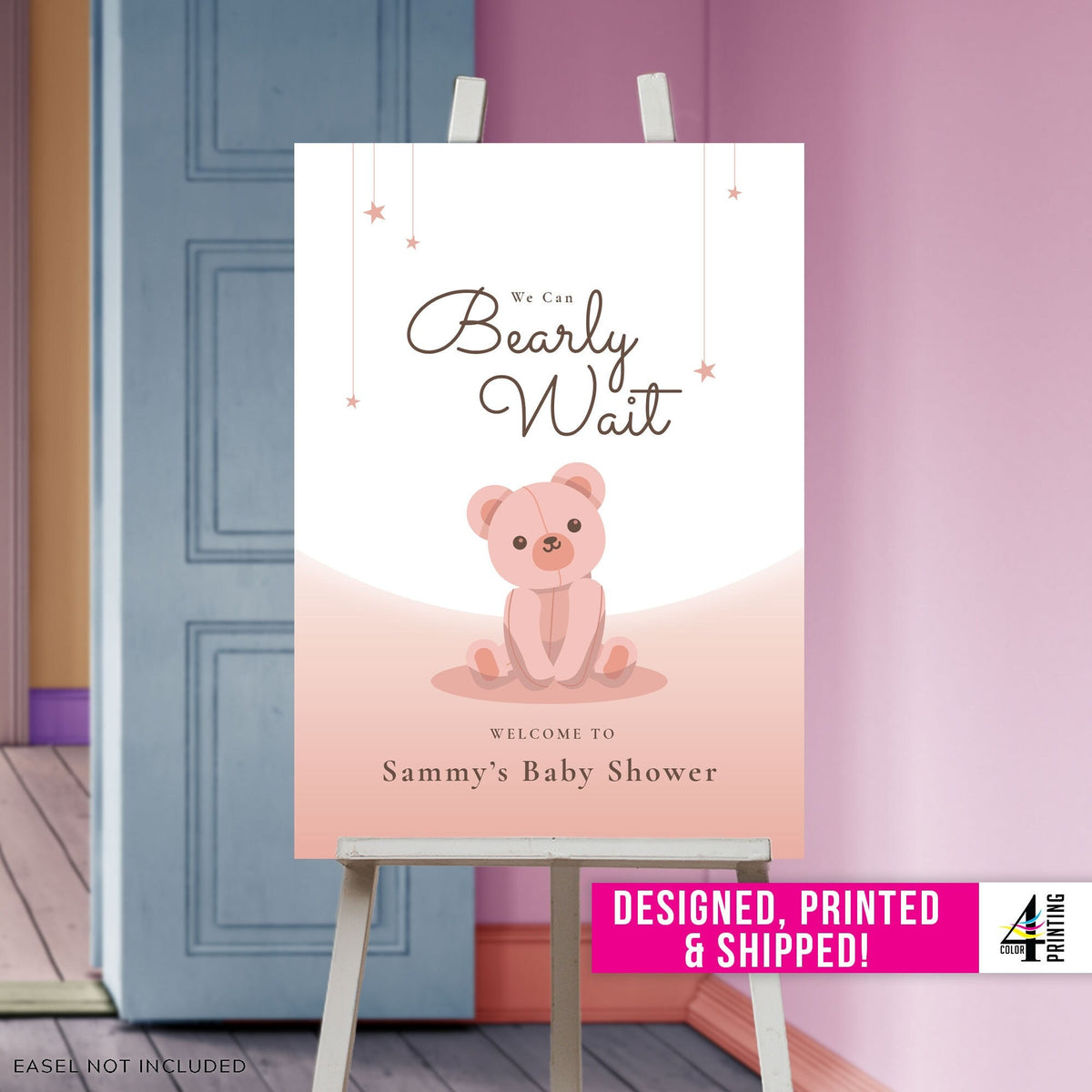 &quot;We can Bearly Wait&quot; Baby Shower Welcome Sign - Pink