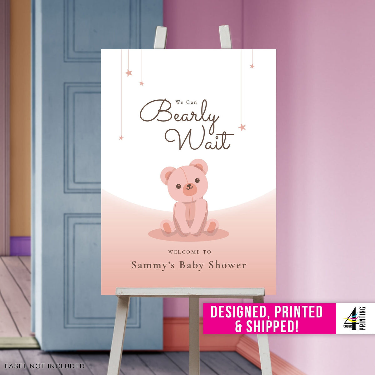 "We can Bearly Wait" Baby Shower Welcome Sign - Pink