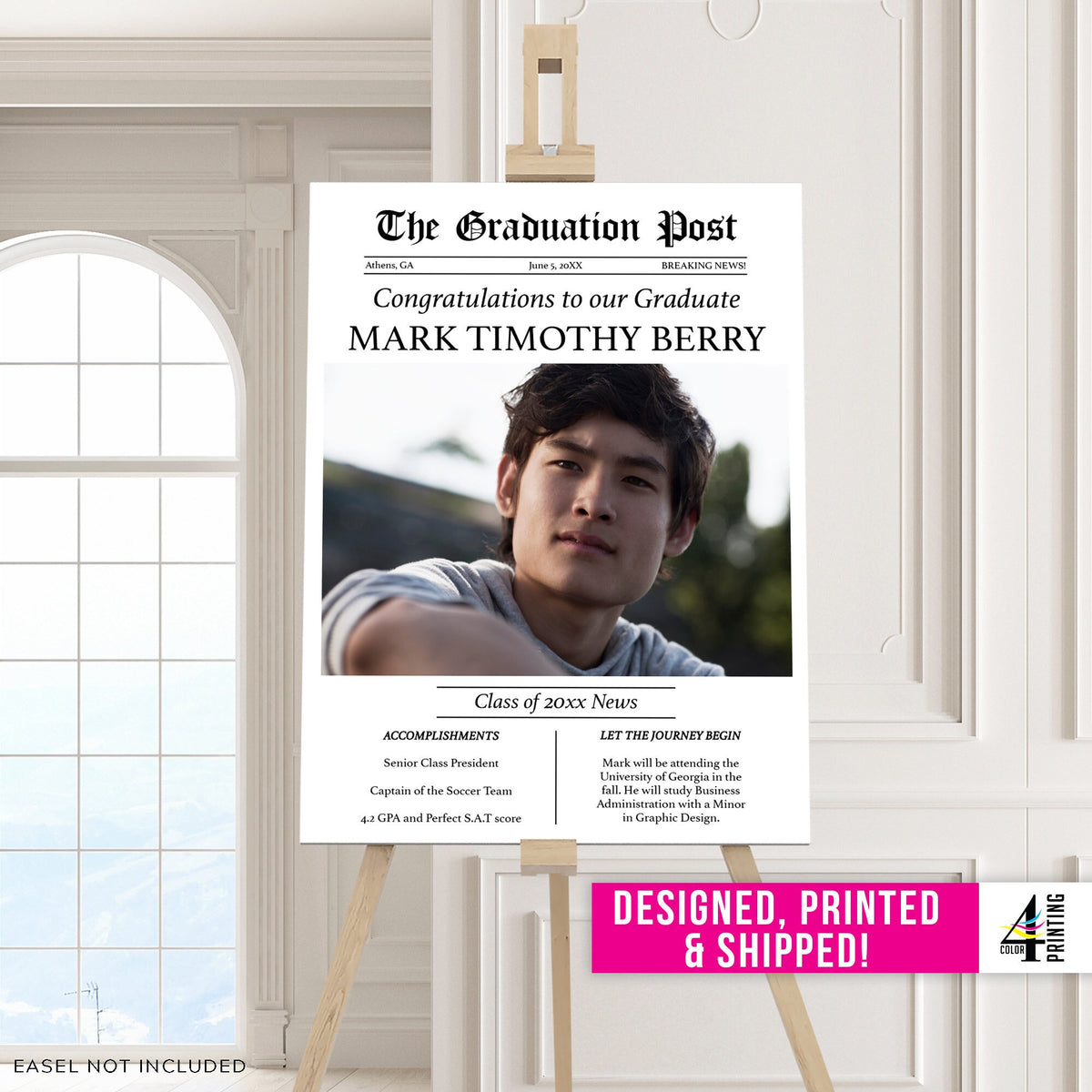 Graduation newspaper sign. We print and ship to you. Customize with photo and text.