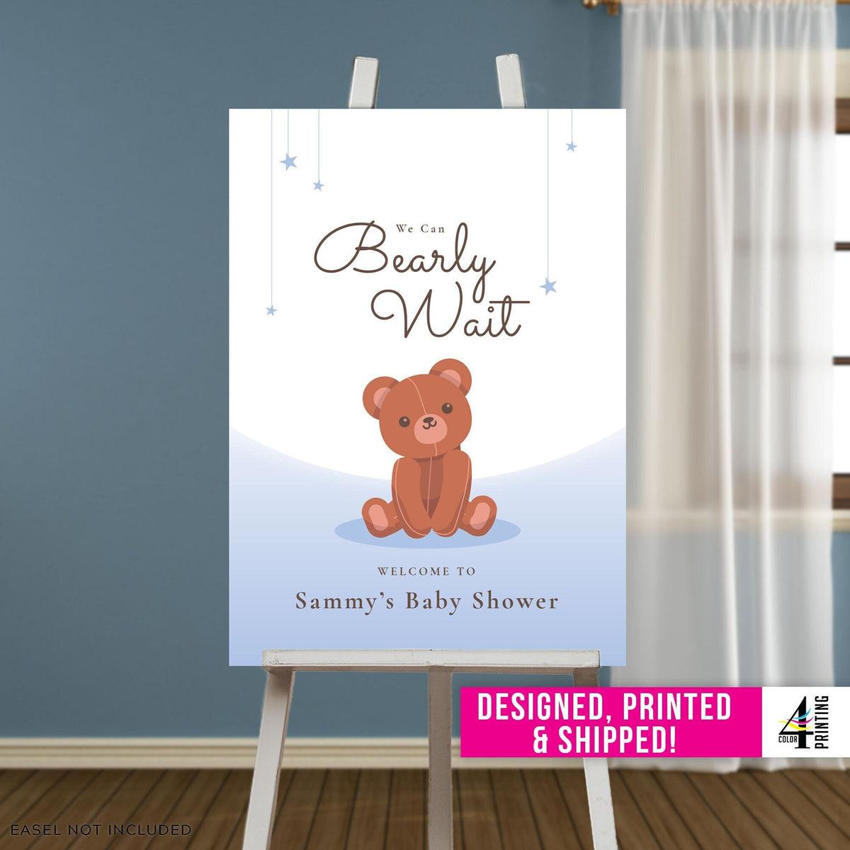 &quot;We can Bearly Wait&quot; Baby Shower Welcome Sign - Blue