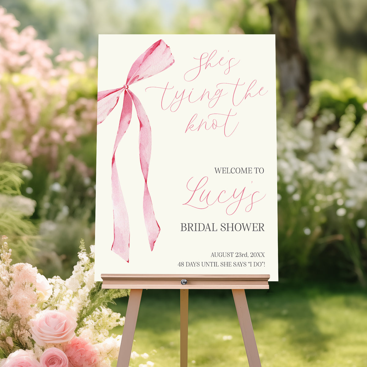 "She's Tying the Knot" Bridal Shower Welcome Sign with Pink Bow