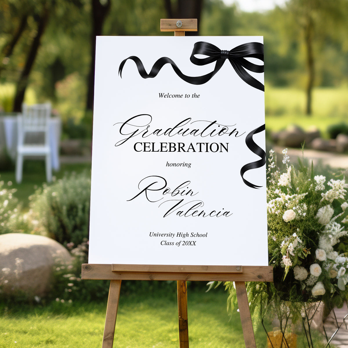 "Black Croquette Bow" Graduation Party Welcome Sign